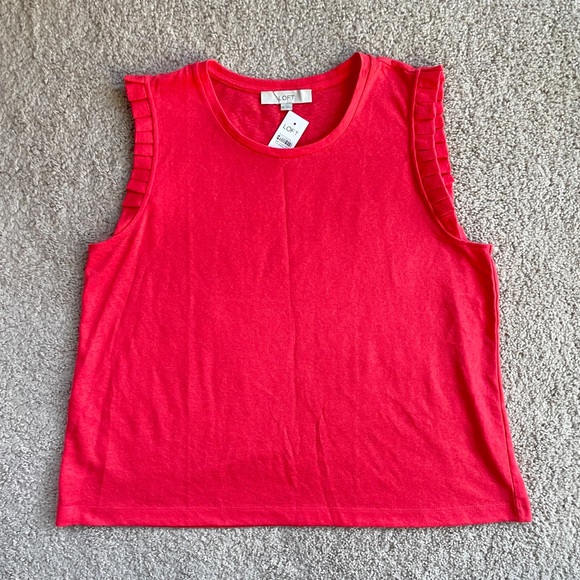 LOFT Tops - LOFT Coral Red Orange Solid Ruffle Trim Crew Neck Sleeveless Top Size XL - NEW